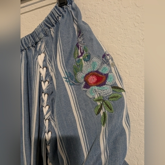 Ali Miles Blue Stripe Floral Embroidered Tie Detail 100% Tencel Tunic Bohemian - Picture 7 of 10